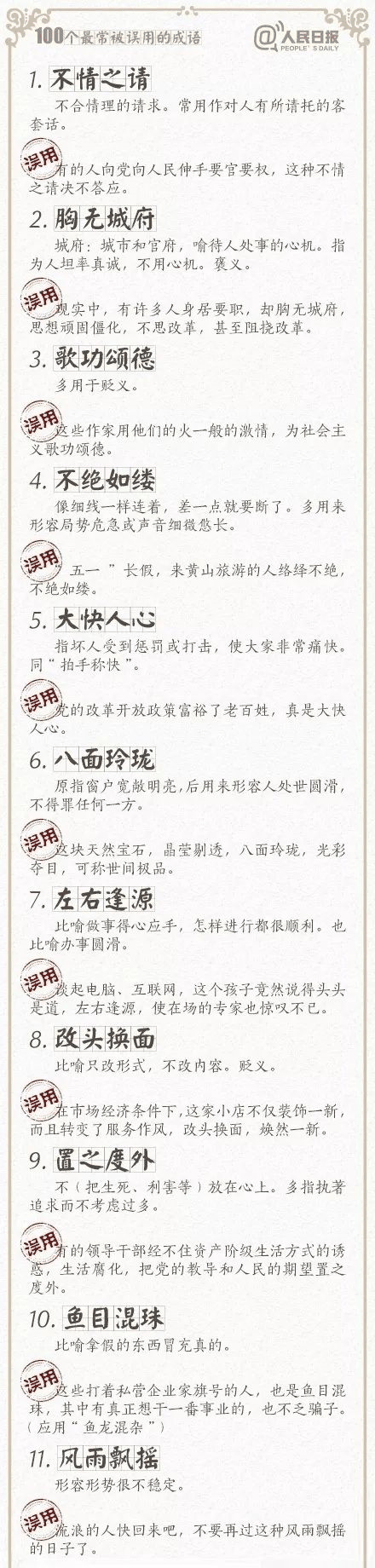 人民日報總結(jié)了100個最常被誤用的成語，給孩子看看，別再用錯了！